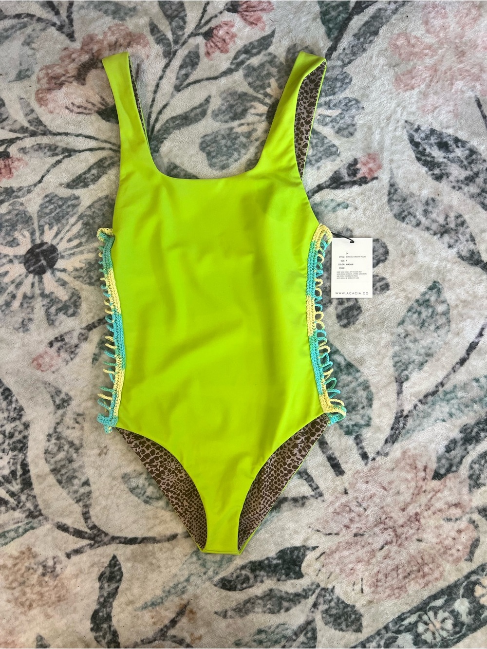 acacia swimwear Wasabi One-Piece with Turquoise & Yellow Crochet Trim